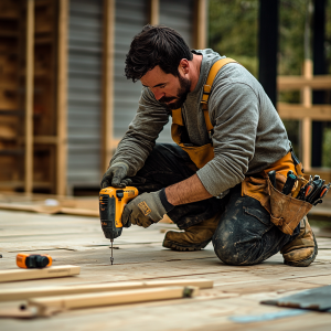 olivia_44838_A_man_kneeling_on_one_knee_using_a_power_drill_to__4f6c7c69-1f79-478c-9c0c-2c30d27dc94b